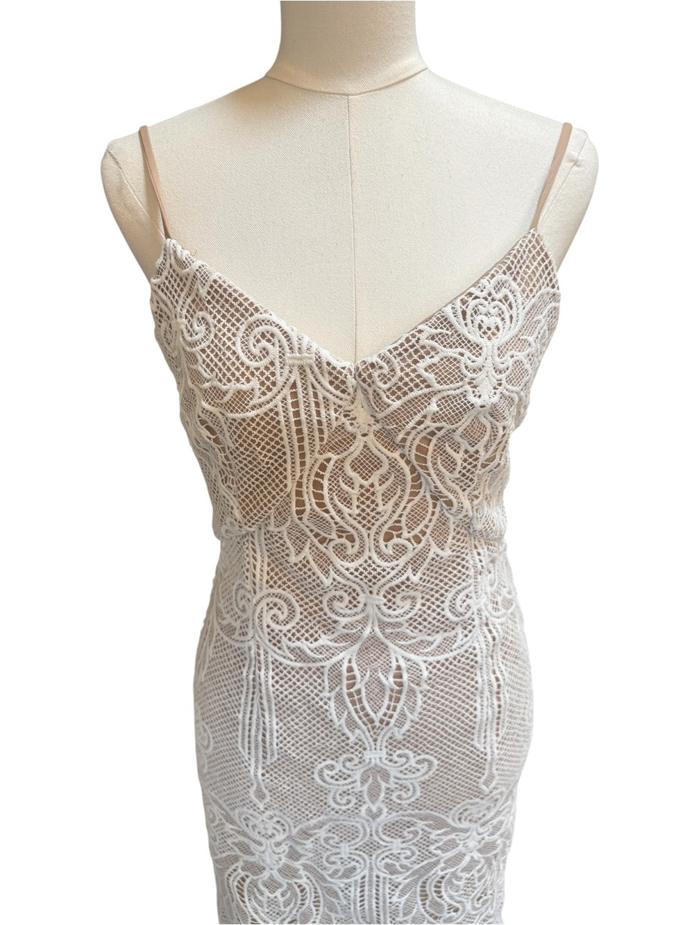 Windsor Lace Mermaid Midi Dress Ivory Nude Sheer Bodycon Bridal Size Large - Picture 9 of 11